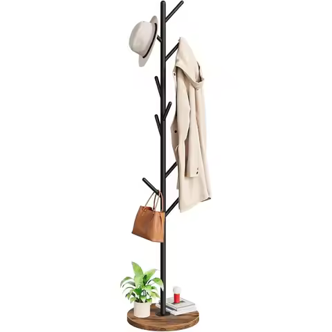 Sturdy Metal Coat Rack with 9 Hooks, Wooden Base, Heavy-Duty Entryway Tree, Space-Saving Hanger Stan