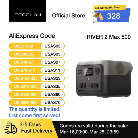 ECOFLOW Portable Power Station RIVER 2 Max, 499Wh/512Wh LiFePO4 Battery/ 1 Hour Fast Charging, Up To