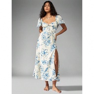 Floral Milkmaid Corset Midi Dress Puff Sleeve Summer Wedding Guest Side Split Sweetheart Neckline Ga