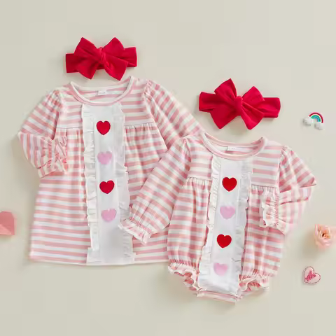 Sisters Outfit Matching Set Long Sleeve Crew Neck Striped Embroidery Heart Romper/Dress with Headban