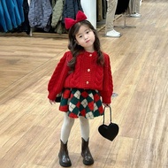 Girls New Year Clothes 2025 Winter New Style Baby Sweater Red Suit Children Christmas New Year Cloth