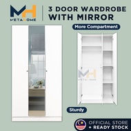 MetaHome 3 Door Wardrobe with Mirror 180cm Almari Baju 2 Pintu Almari Cermin Pakaian Bedroom Wood Furniture