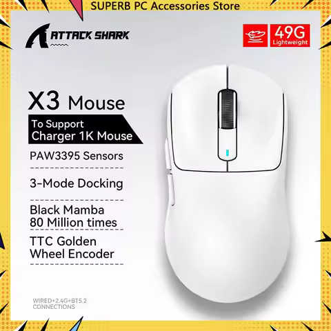 Attack Shark X3/X3 Pro Wireless Tri-Mode Gaming Mouse Paw3395 Ergonomic Adjustable DPI 2.4G Bluetoot