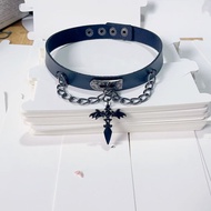 Y2K Gothic Punk Choker Necklace with Demon Angel Cross Pendant, Black PU Leather Collar for Women, D