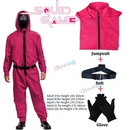 Squid game การ์ดเกมปลาหมึก/บอสชุดคอสเพลย์ผู้หญิงผู้ใหญ่และจั๊มพ์สูทสำหรับเด็กพร้อมถุงมือหน้ากากชุดจั