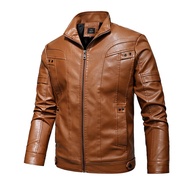 Jaket Kulit PU Fesyen Slim Fit Lelaki Jaket Kulit Motosikal dengan Fleece Harley Gaya Vintaj Kolar P