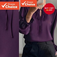 Women Elegant Blouse Plain Smocked Tie Front Bishop Sleeve Autumn Winter Blouse LBL24434