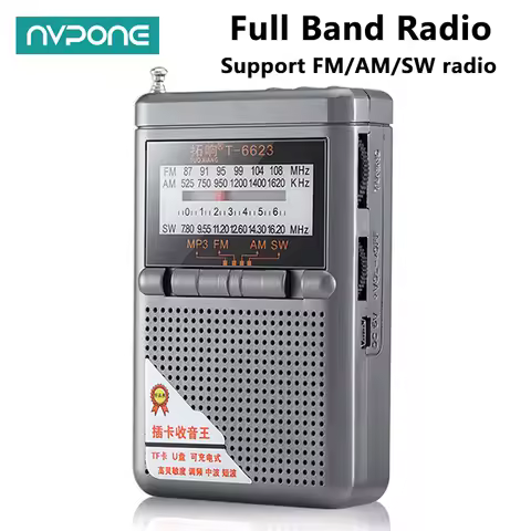 Full Band Radio FM AM SW World Band Mini Radio with LED Display Buckle Support TF Card Headphone Jac