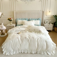 【Super low price】Elegant Rose Embroidery Lace Ruffles Bedding Set Skin-friendly Washed Cotton Prince
