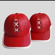 Topi Kulit Pria Garut Model Baseball Kombinasi Warna Merah Putih