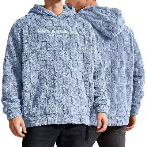 Men's 3D Checkered Fleece Hoodie Fluffy Waffle Knit Pullover Oversized Graphic Hooded Sweatshirt Win