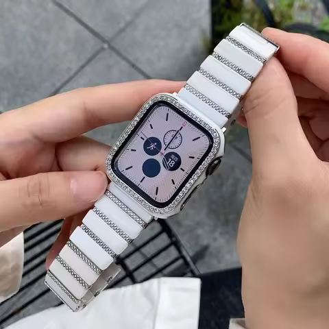 Ceramic strap with rhinestones + case for Apple Watch 9 10/11/42 45 44 46 49, Ultra 1/2/3, bracelet 