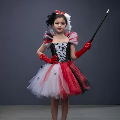Deluxe Cruella Inspired Tutu Dress for Grils Evil Villain Halloween Costume Dalmatians Dog Black Whi