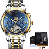 Lige นาฬิกาผู้ชายนาฬิกาข้อมือธุรกิจกลไกอัตโนมัติ นาฬิกาข้อมือสแตนเลสสตีลกันน้ำมีปฏิทินลายโครงกระดูก