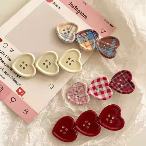 1Pcs Sweet Check Love Button Hair Clip Side Bangs Girly Cute Duckbill Clip Hair Accessories Love But