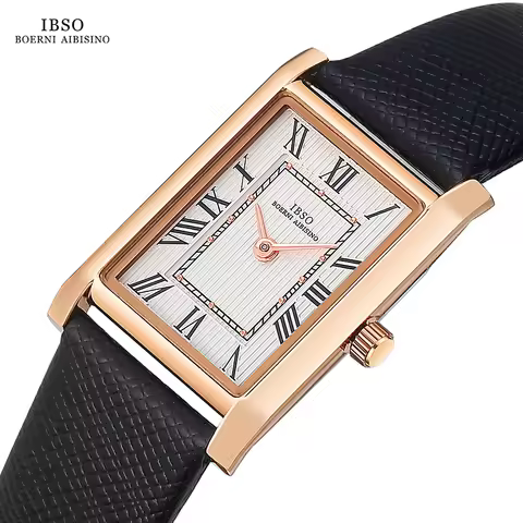 IBSO Ultra-Thin Slim Women Watches Japanese Movement Y120 Rectangle Dial Genuine Leather Strap 30m W