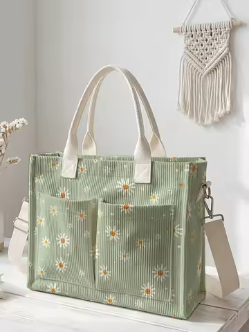 Sage Green Daisy Print Corduroy Tote Bag Large Capacity Multi Pocket Floral Lover Commuter Shoulder 