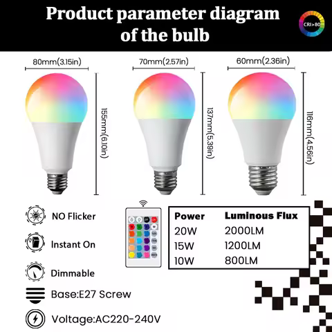 3PCS E27 10W 15W 20W 16 Colors Lighting Key Remote Control E27 RGB Bulb LED Multicolor Bulb 220V Dim