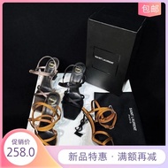 Autumn Winter YSL Inspired Black Gold Letter Heel Square Toe Sandals - One-Word Strap Frosted