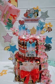 Bucket snack (Tart snack tower) / kue ulang tahun snack bisa tarik uang topper BT21