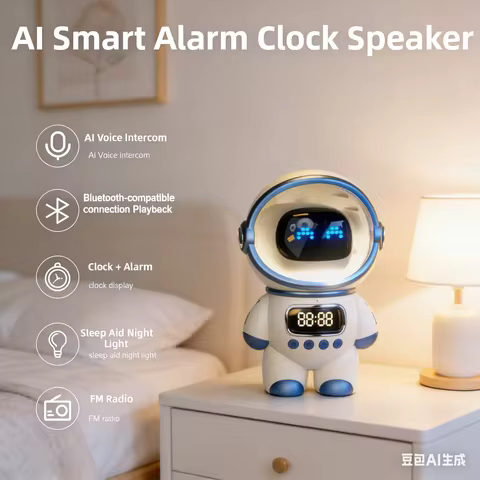 1pc Smart AI Robot BTv5.1 EDR Wireless Alarm Clock Speaker TF Card FM Clock AI Intelligent Intercom 