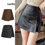 Lovito Casual Shorts Plain Zipper Fake 2 In 1 Shorts for Women L58AD065 (Black)