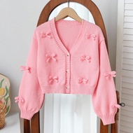 Girls' Casual Chic Cute Soft Minimalist Elegant 3D Bow Long Sleeve Cropped Cardigan Sweater, Suitabl
