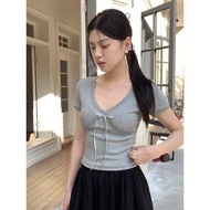 New Korean Women's Solid Color Lace Up Slim Fit Top Fashion Girl Short sleeved T-shirt For Woman