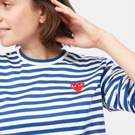 CDG PLAY COMME des GARCONS Red Heart Striped Blue Authentic Long Sleeve T-shirt