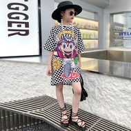 Girls parent-child quick-drying clothes loose white and black squares long summer T mesh Allah bud t