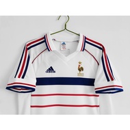 เสื้อเจอร์ซีย์เตะฟุตบอลย้อนยุคเสื้อฟุตบอลฝรั่งเศสชุดออกไป1998ชุดฟุตบอล Kaus Sepak Bola S-XXL