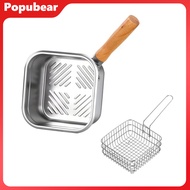 Small Deep Fryer Pot Steamer Cookware Cooking Tool Wooden Handle Stainless Steel Portable Pan for Ve