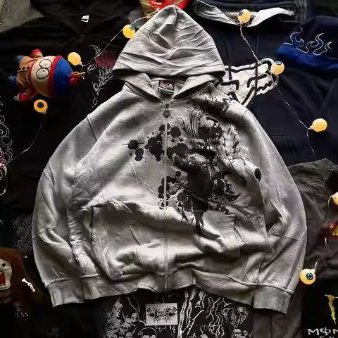 Y2K Brand Skull Letter Pattern Printed Zipper Hoodie Retro Gothic Street Hip Hop Fashion Hoodie Spor
