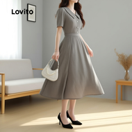 Lovito Gaun Elegan Berbutang Depan Musim Bunga/Panas Khaki untuk Wanita LBL29355