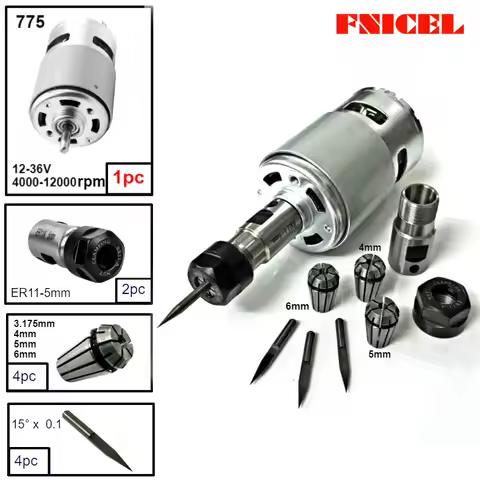 FNICEL 775 DC Motor 12-36V Ball Bearing Spindle Motor W/ ER11 Extension Rod Carving Knife for CNC Ro
