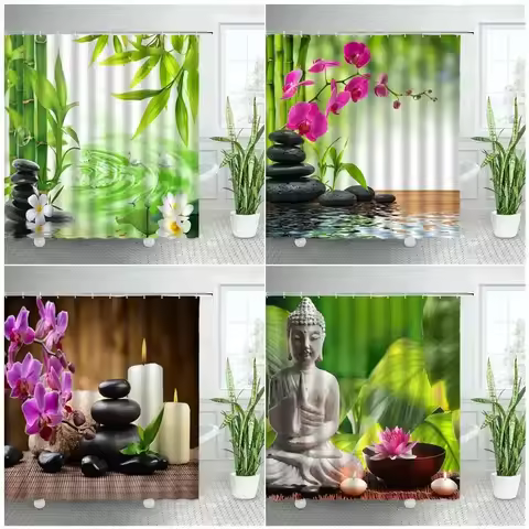 3D Black Stone Green Bamboo Zen Shower Curtain Set Purple Orchid Buddha Natural Landscape Bathroom D