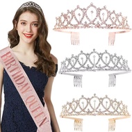 Crystal Crown Tiara Anniversary Decoration Happy 18 21 30 40 50th Birthday Satin Sash Party Needs Bi