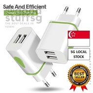 [SG FREE 🚚] Universal 2.1A Dual Output Port USB Fast Charger EU Round Pin Plug 2.1A QC 3.0 LED Light