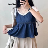 Lovito Casual Plain Ruffle Hem Denim Top for Women LNE81061