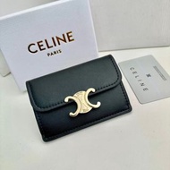 💝落單即減$30👑［專櫃禮盒］CELINE賽琳 凱旋門金屬質感鎖扣三折短款 亮澤牛皮革 零錢包錢包 黑色