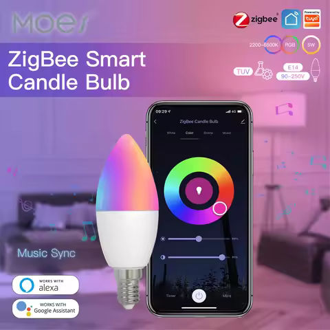 MOES Zigbee LED Light Bulb E14 Candle Lamp Smart 5W RGBCCT 2200-6500K Dimmable Light Tuya Alexa Goog