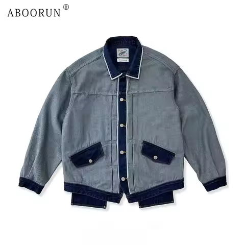 ABOORUN Men's Double Side Patchwork Denim Jackets Streetwear Loose Coats for Male