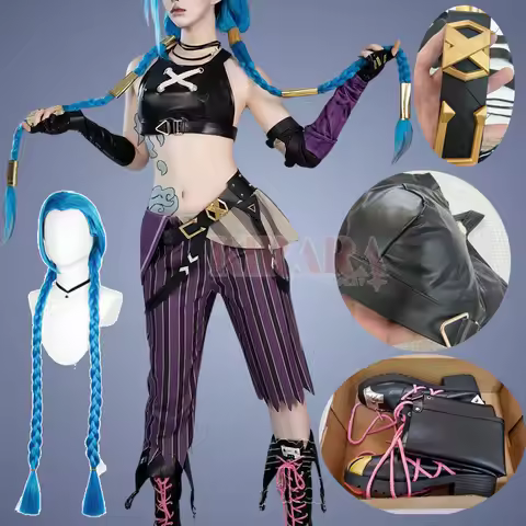 Jinx Cosplay Costume Long Ponytail Wig for Anime Arcane Jinx Cosplay Shoes Boots Anime Events Comic