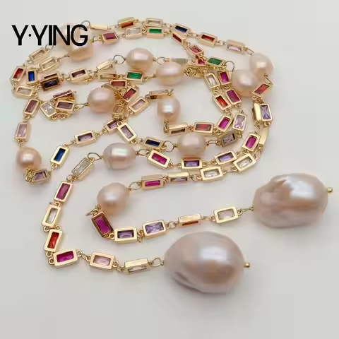 50" Cultured Pink Keshi Pearl Mixed Color Rectangle Cz Pave Long Chain party sweater chain necklace 