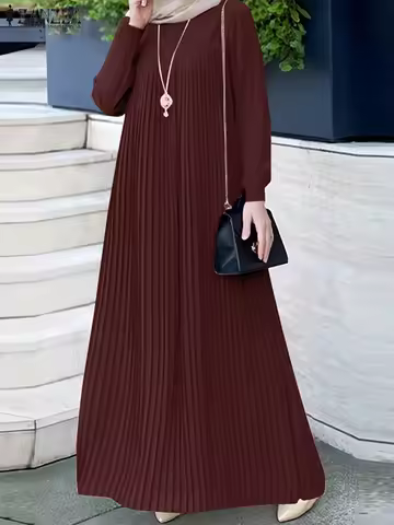 2025 ZANZEA Muslim Abaya Hijab Dress Women Elegant Long Sleeve Pleated Sundress Fashion Casual IsIam