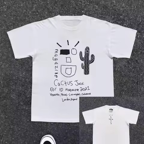 Outdoor Summer Clothes Travis Scott's Graffiti Cactus Trendy Streetwear T-shirts Loose and Versatile