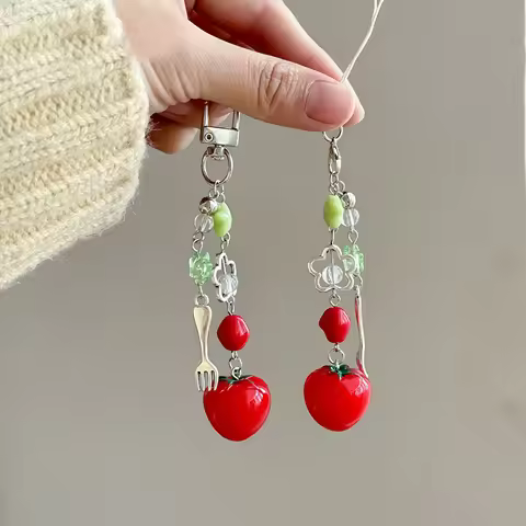 Cute Tomato Star Fork Keychain Lovely Red Tomato Food Beaded Key Chain Phone Charm Mobile Case for G