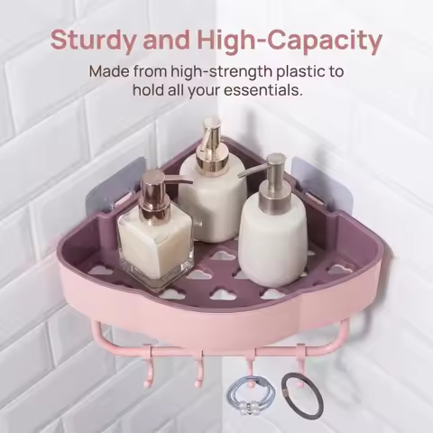 Plastic Shower Corner Shelf Multifunction Wall Mounted Corner Storage Shelf No-Drill Pink Triangle S