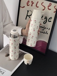 1pc 500ml/16.91oz Pink Tulip Series Vacuum Insulated Tumbler, Keeps Drinks Hot Or Cold, With Sip-Thr