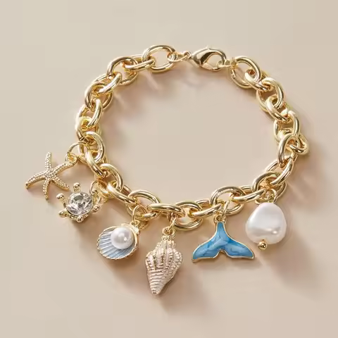 Ocean Starfish Shell Conch Charm Bracelets for Women Gold Color Metal Chain Enamel Bracelets Bangles
